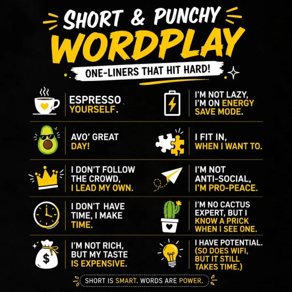 💬 Short & Punchy Wordplay for Captions (One-Liners)