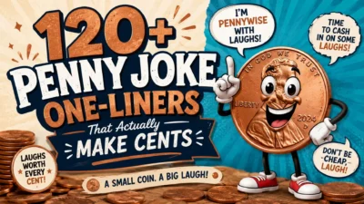 120+ penny joke one-liners poster featuring a funny cartoon penny and coin-themed humor