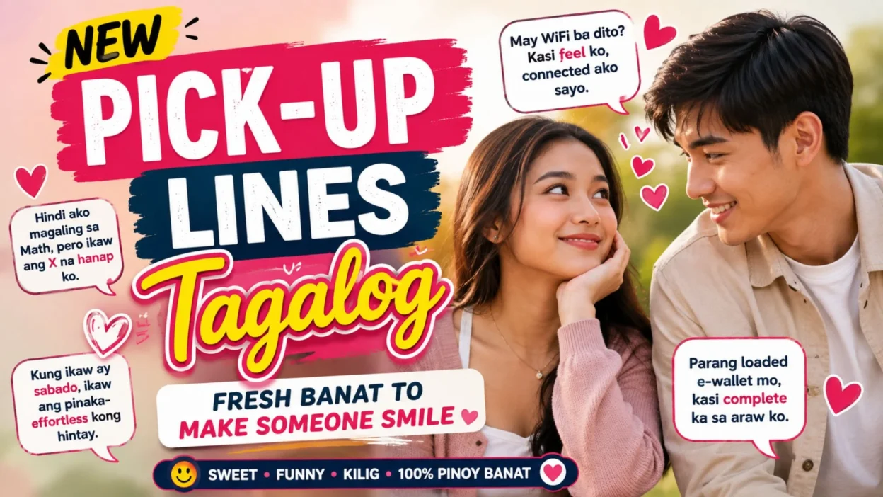 New Tagalog pick-up lines graphic with a smiling Filipino couple and fresh funny banat to make someone smile