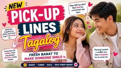 New Tagalog pick-up lines graphic with a smiling Filipino couple and fresh funny banat to make someone smile