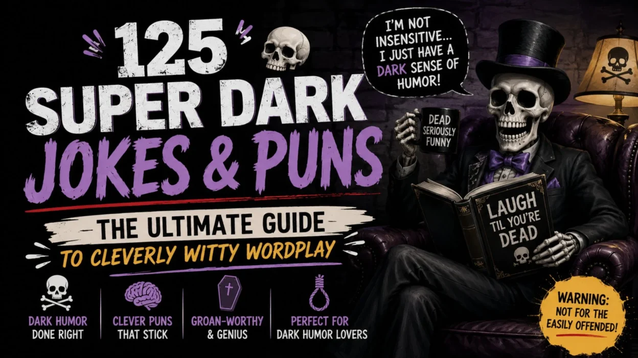 125 super dark jokes and puns cover with skeleton reading a book, bold typography, and witty dark humor theme