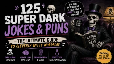 125 super dark jokes and puns cover with skeleton reading a book, bold typography, and witty dark humor theme