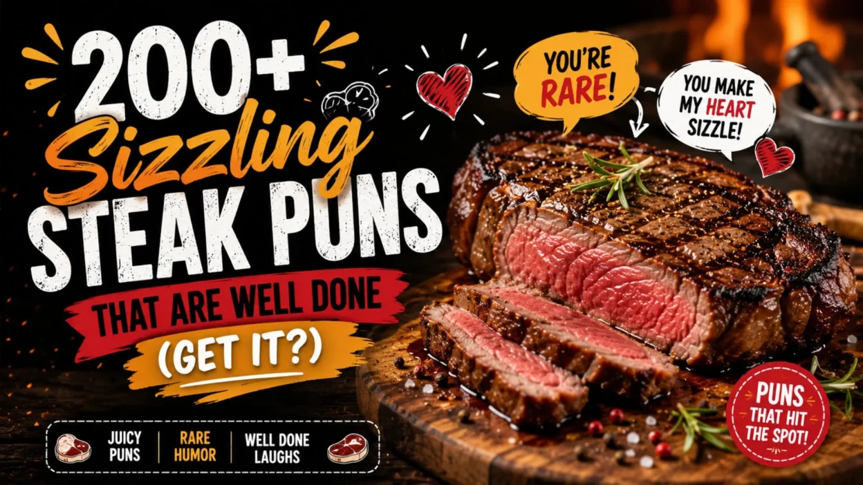 Grilled steak with playful steak puns and bold typography promoting 200+ sizzling, well-done steak jokes and wordplay.