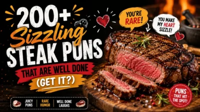 Grilled steak with playful steak puns and bold typography promoting 200+ sizzling, well-done steak jokes and wordplay.