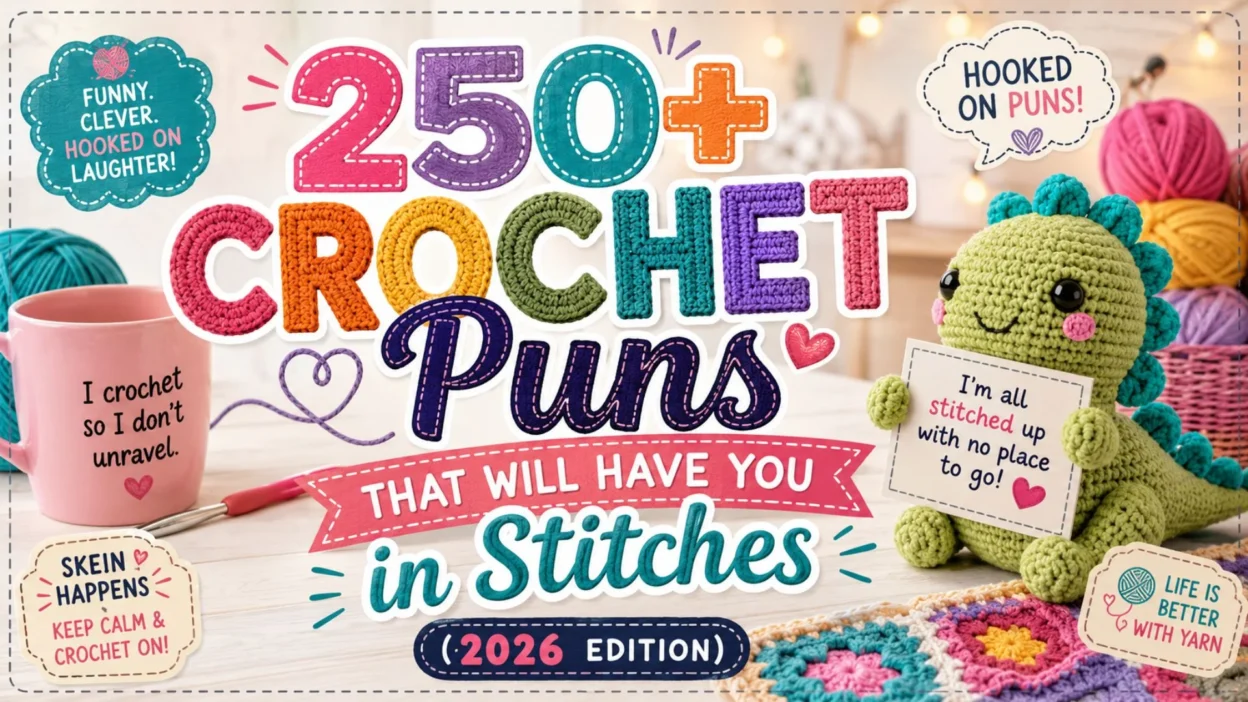 Colorful crochet puns graphic with yarn, crochet hook, amigurumi dinosaur, and the title "250+ Crochet Puns That Will Have You in Stitches."