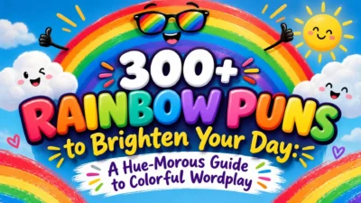 Colorful rainbow puns banner with smiling clouds, sun, and cartoon rainbow celebrating 300+ funny rainbow wordplay