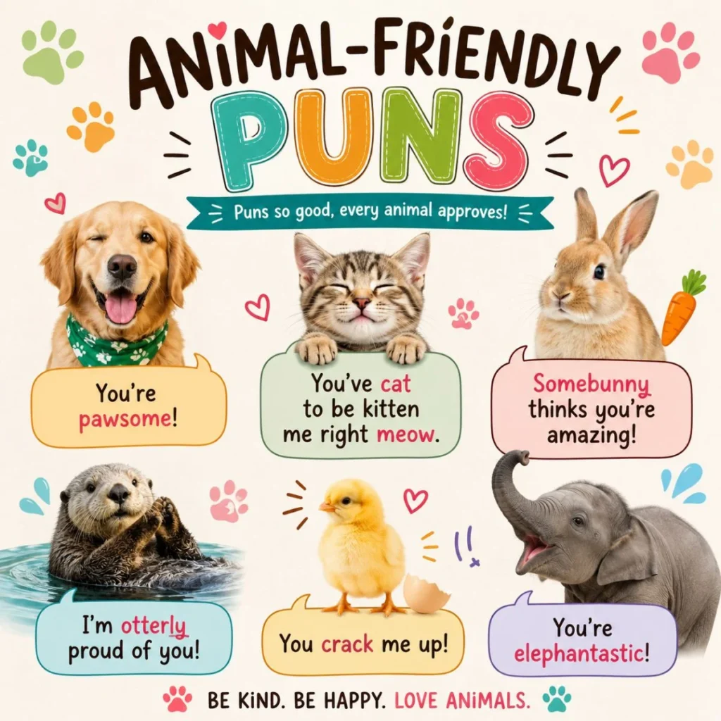 Cute animal-friendly puns poster with dog, cat, bunny, otter, chick, and elephant featuring funny wordplay and colourful illustrations.