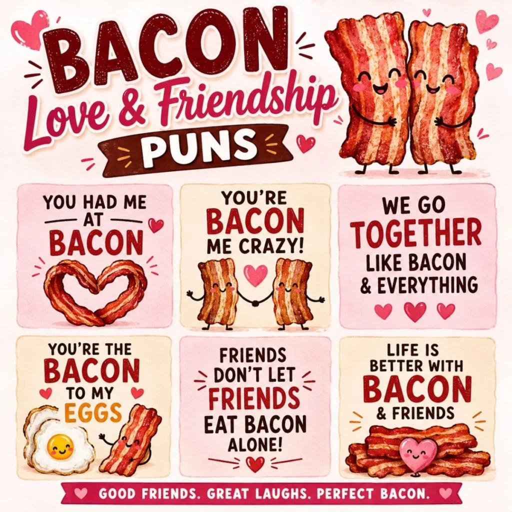 Cute cartoon bacon love and friendship puns poster with smiling bacon characters, hearts, and funny bacon-themed quotes.