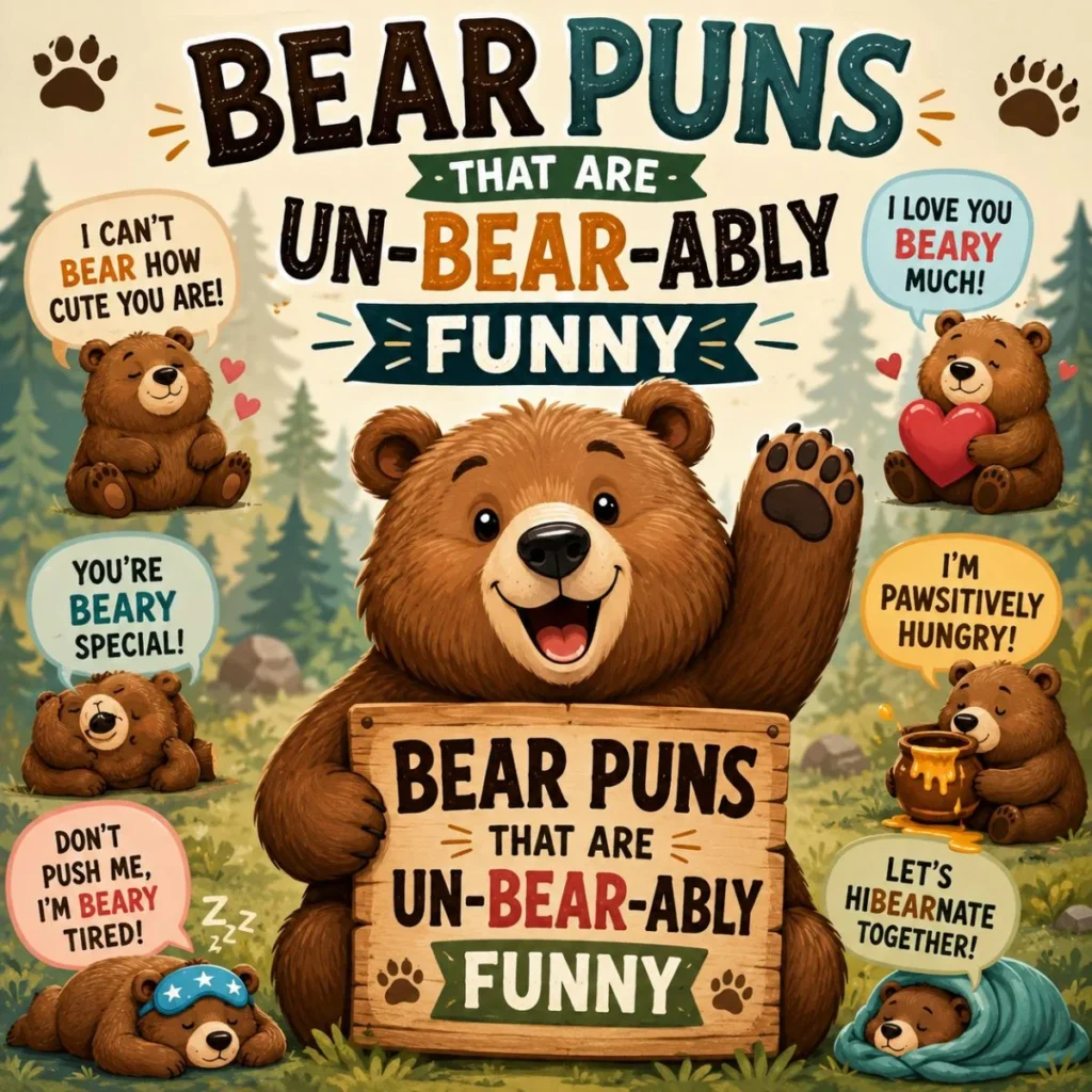 Cute illustrated bear puns poster with smiling cartoon bears, funny wordplay, forest background, and playful bear-themed jokes.