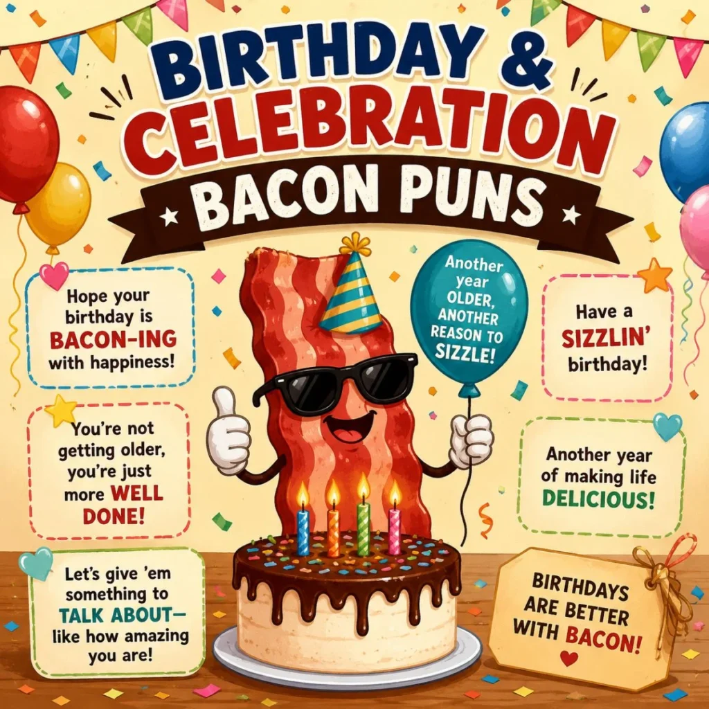 Cute bacon mascot celebrating a birthday with cake, balloons and funny birthday bacon puns in a colorful party illustration.