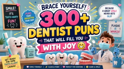 Colorful banner with smiling tooth characters, a friendly dentist, and 300+ dentist puns for clean family-friendly laughs.
