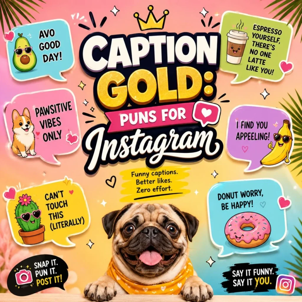 Colorful Instagram puns graphic with cute pug, playful speech bubbles, and funny caption ideas for engaging social media posts.