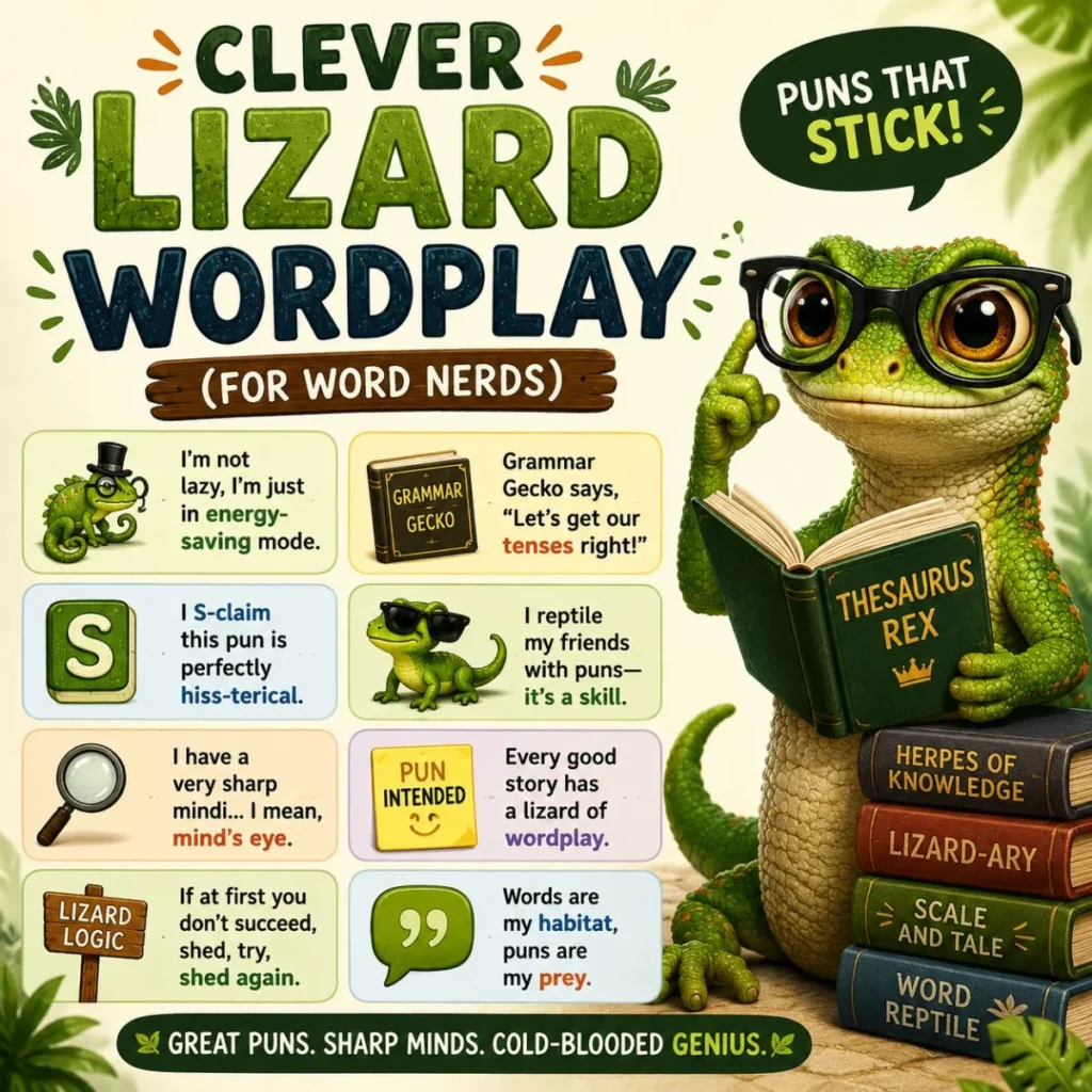 Cute gecko with glasses reading a book beside clever lizard wordplay and grammar puns in a colorful educational poster.