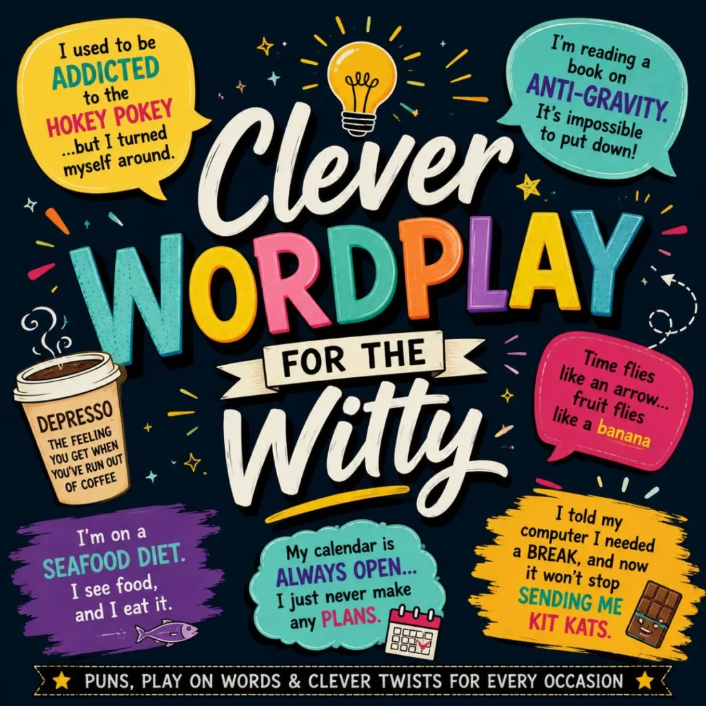 Colorful clever wordplay poster with witty puns, bold typography, speech bubbles, and playful illustrations on a dark background