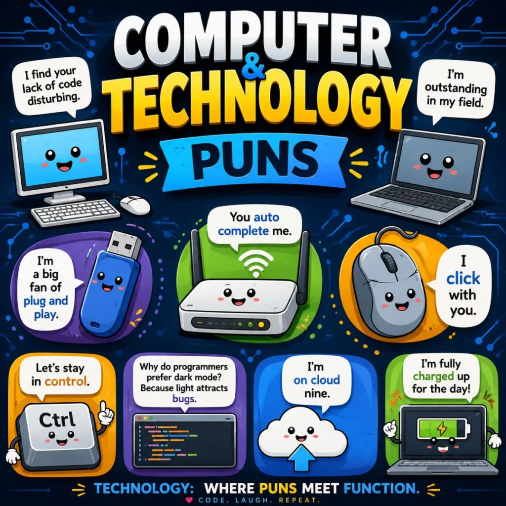 Cute cartoon computer, laptop, USB, router, and mouse with funny computer and technology puns on a colorful tech-themed poster.