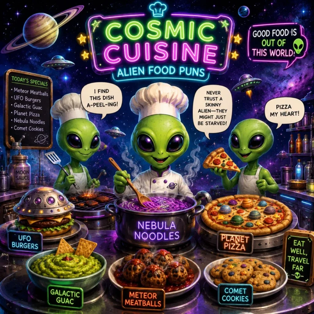 Cute alien chefs serve cosmic cuisine with UFO burgers, nebula noodles, and planet pizza in a colorful space diner.