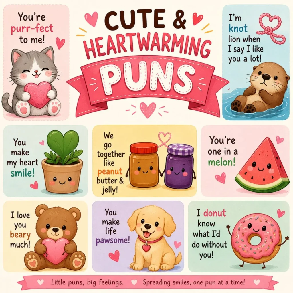 Cute and heartwarming puns poster featuring adorable animals, smiling food characters, and sweet love-themed wordplay.