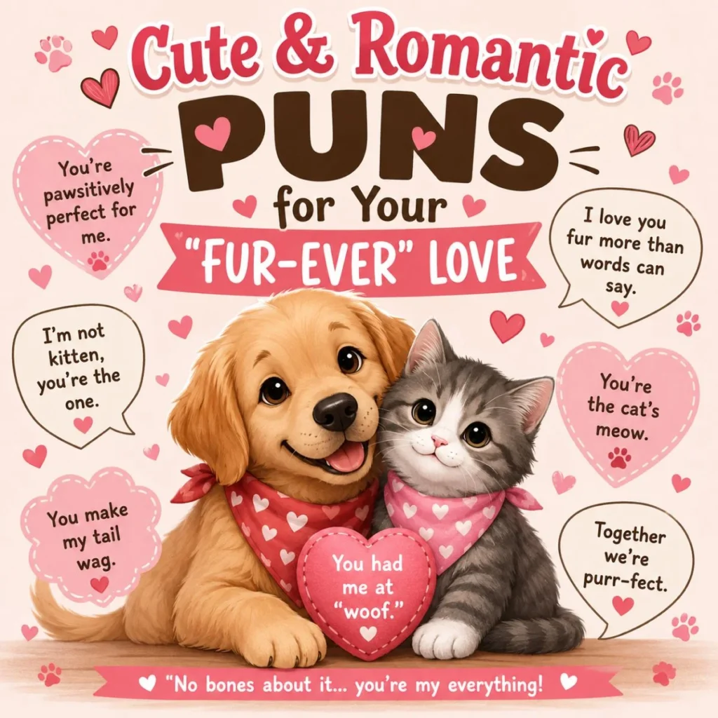 Cute and romantic pet puns poster with an adorable puppy and kitten surrounded by heartwarming fur-ever love quotes.