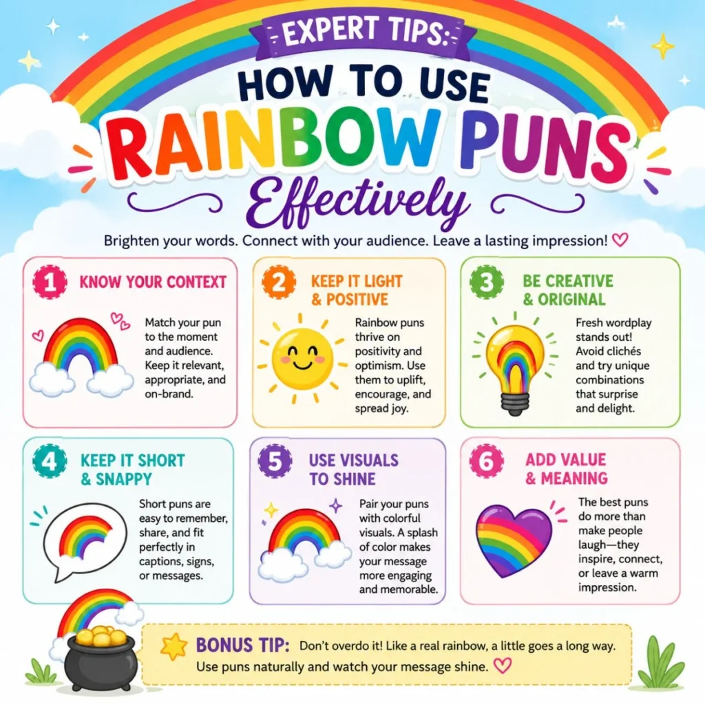Colorful infographic with expert tips on using rainbow puns effectively, featuring bright rainbow illustrations and creative wordplay.