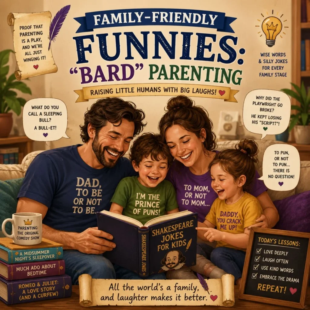 Family-friendly parenting humor poster with parents and kids sharing Shakespeare-inspired jokes and laughter
