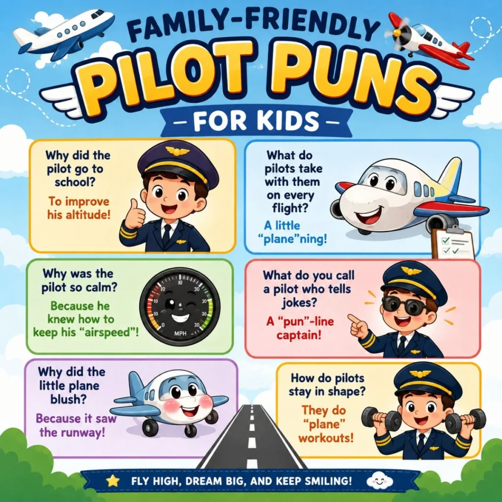 Colorful family-friendly pilot puns for kids poster with cute cartoon pilots, smiling airplanes, and funny aviation jokes