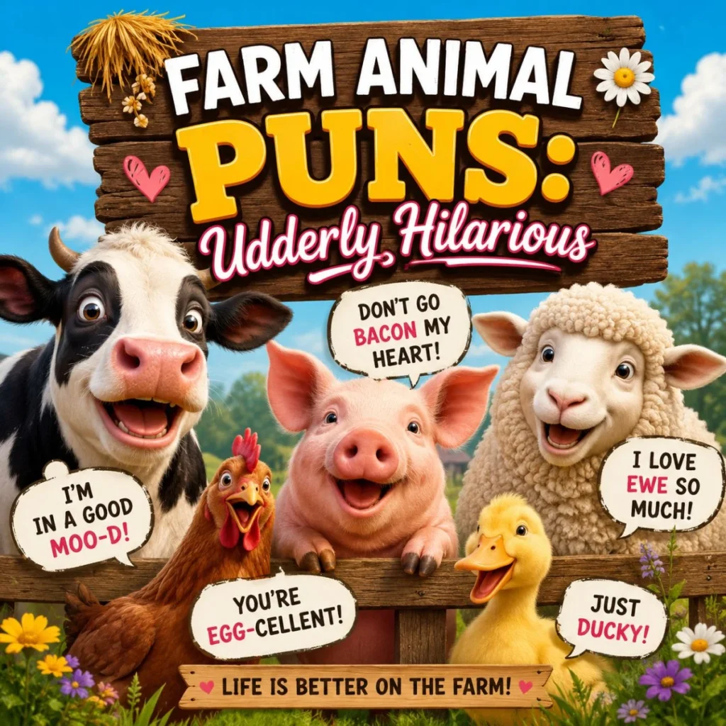 Cute cow, pig, sheep, chicken, and duck with funny farm animal puns on a colorful countryside illustration.