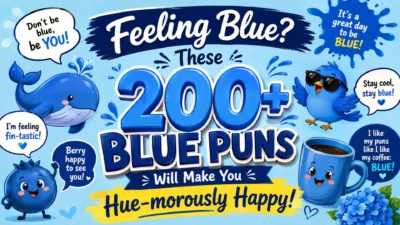 Cute blue-themed illustration with whale, bird, blueberry, and mug promoting 200+ funny blue puns for laughter and social media.