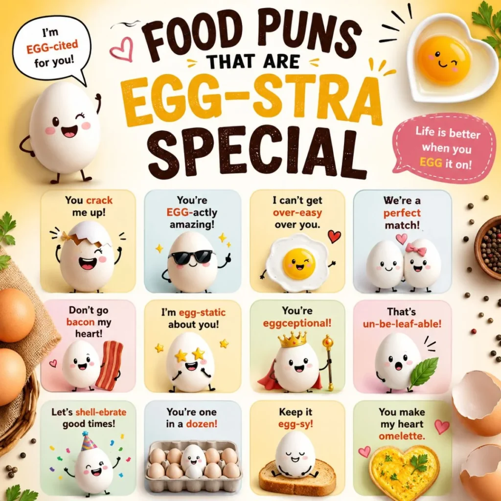 Cute egg-themed food puns infographic with smiling egg characters and funny breakfast jokes for social media and blogs