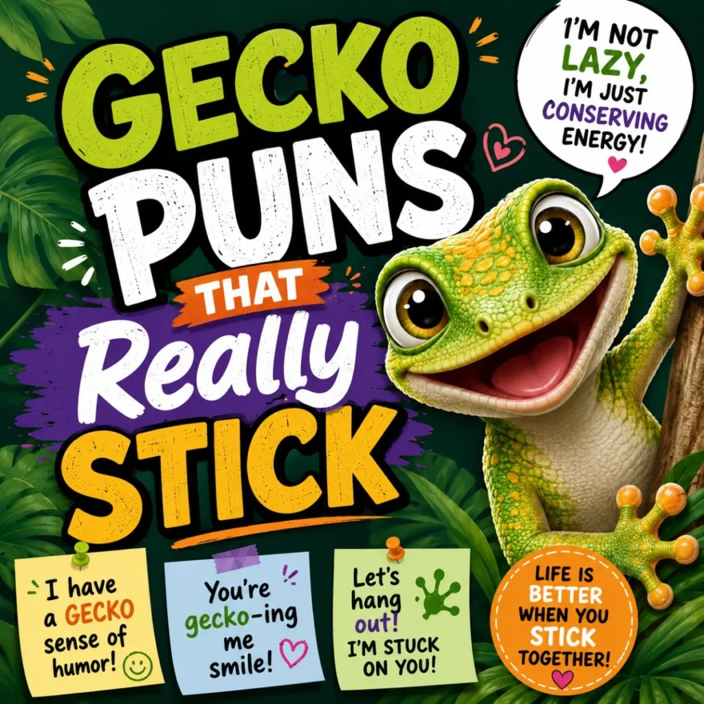 Cute smiling gecko with colorful sticky-note puns and bold "Gecko Puns That Really Stick" text on a jungle-themed background.