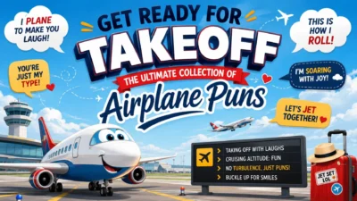 Colorful airplane puns illustration with a smiling cartoon jet, airport runway, travel jokes, and playful aviation-themed quotes.