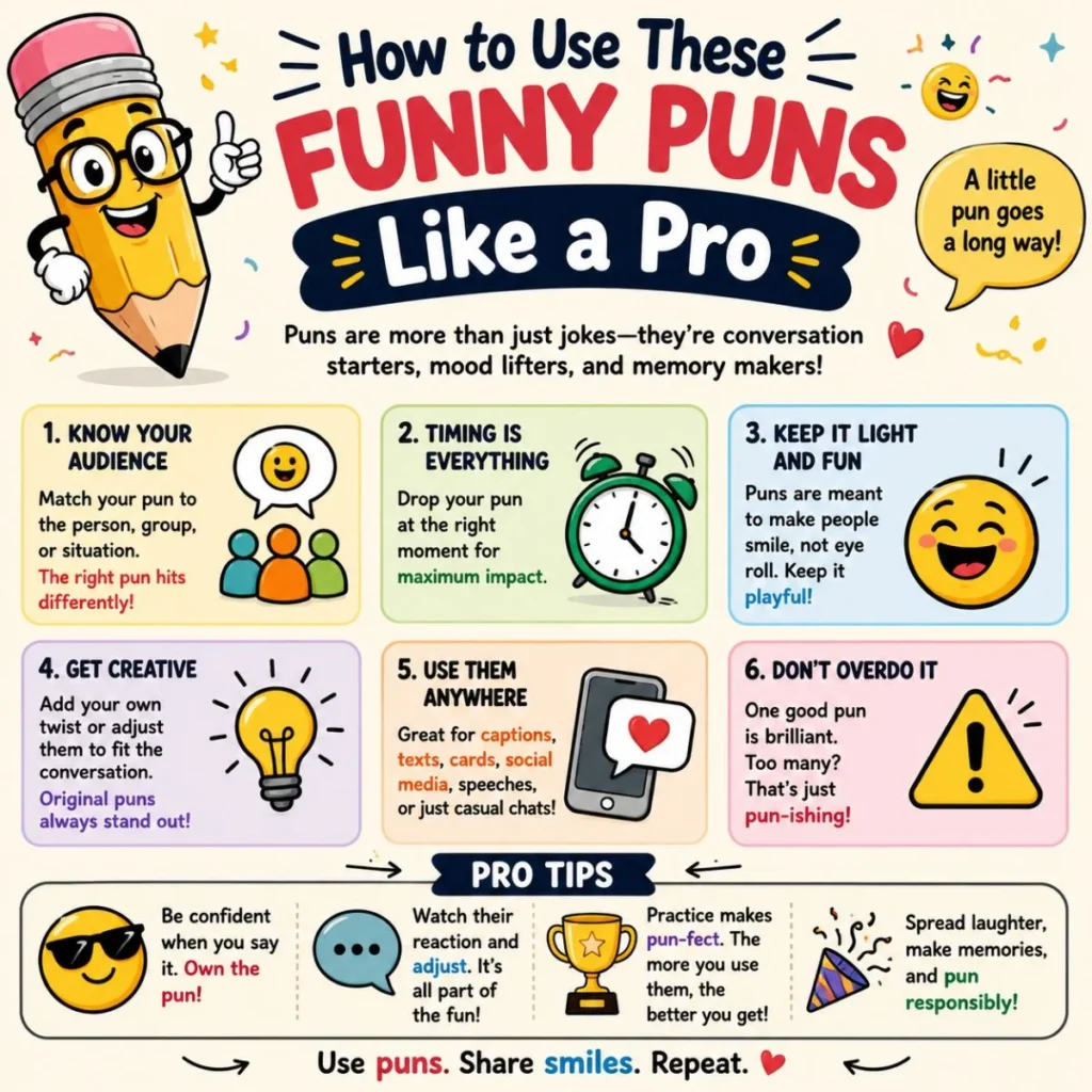 Colorful infographic showing how to use funny puns like a pro with practical tips, playful icons, and easy-to-follow advice.