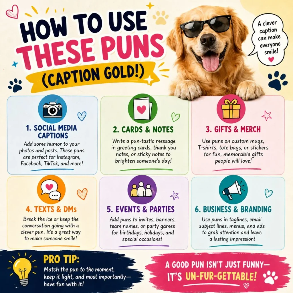 How to use puns infographic with a smiling dog, social media caption tips, greeting card ideas, and creative branding inspiration.