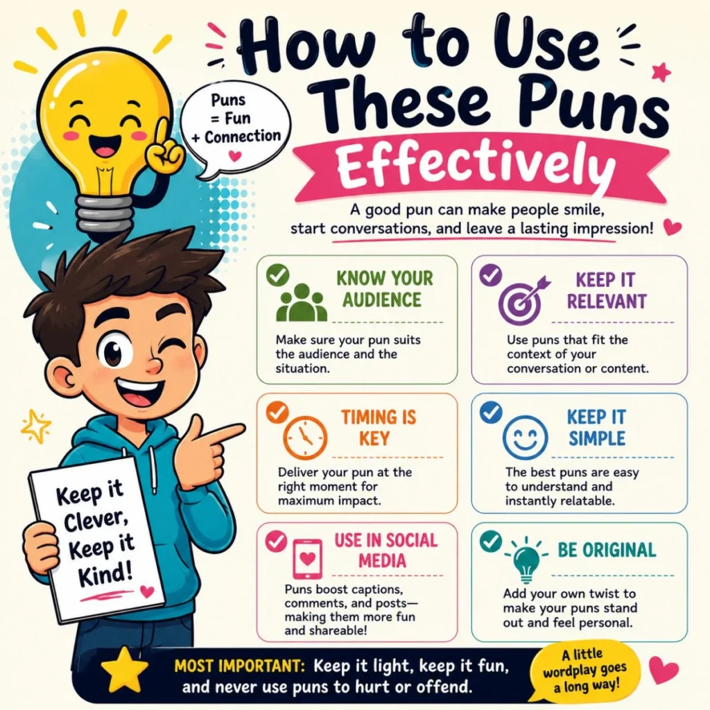 How to use puns effectively infographic with tips on timing, audience, originality, and social media for better wordplay