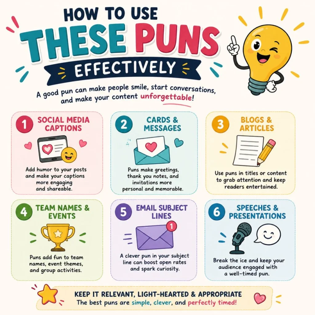 Colorful infographic showing how to use puns effectively in social media, emails, blogs, presentations, and everyday communication.