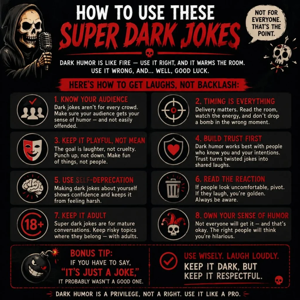 How to use super dark jokes infographic with audience tips, timing advice, and respectful dark humor guidelines