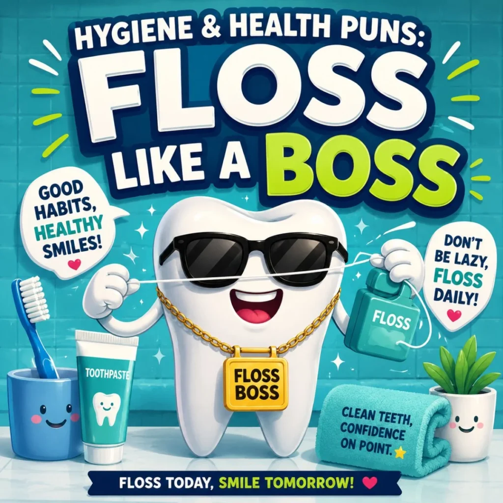 Cute cartoon tooth flossing with sunglasses for Hygiene & Health Puns, "Floss Like a Boss," promoting daily dental hygiene.