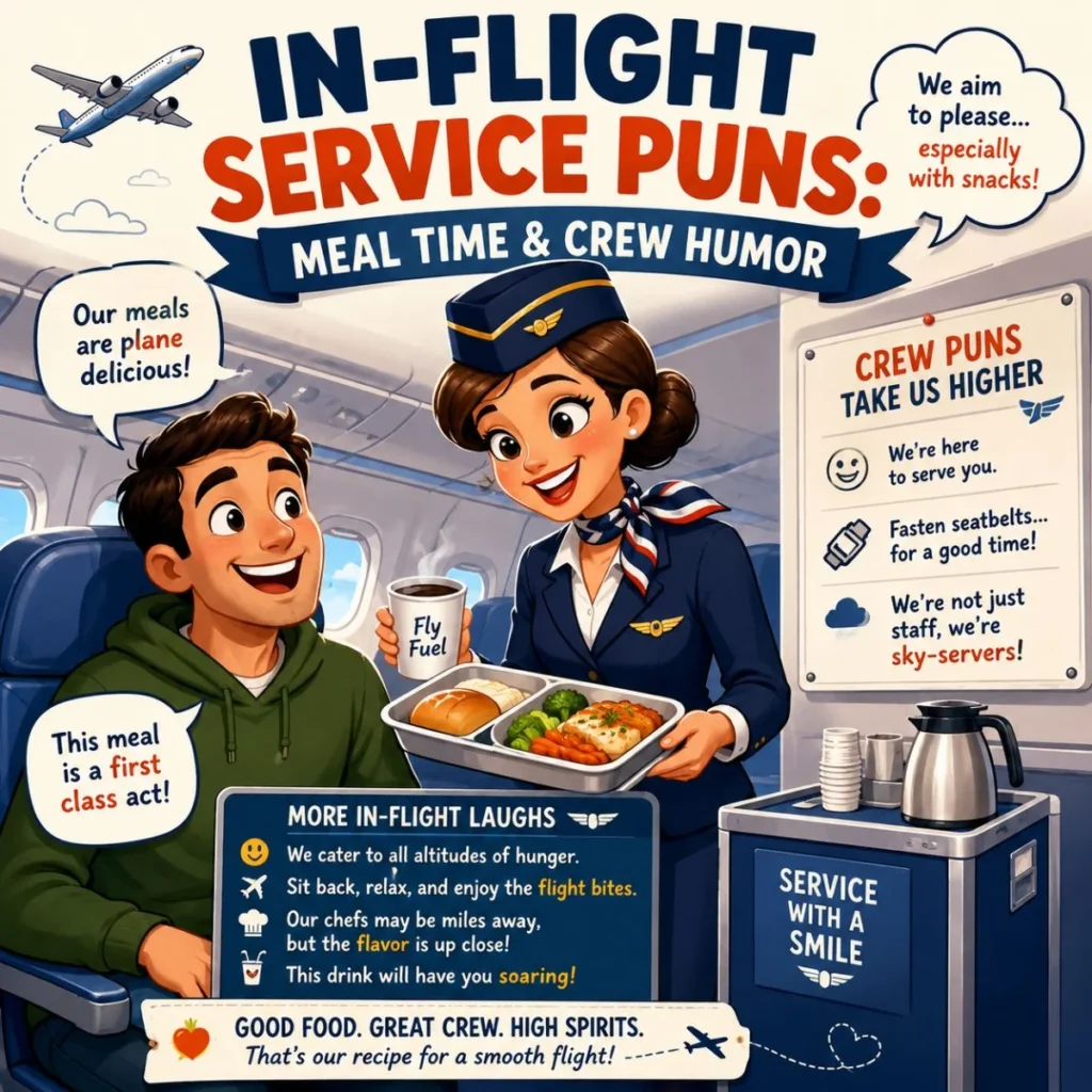 Illustrated in-flight service puns poster with smiling flight attendant, airplane meal tray, and funny airline crew humour.