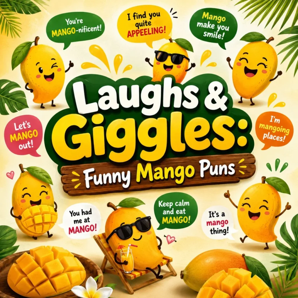 Cute illustrated mango characters with funny mango puns, tropical leaves, and cheerful typography in a colorful square design.