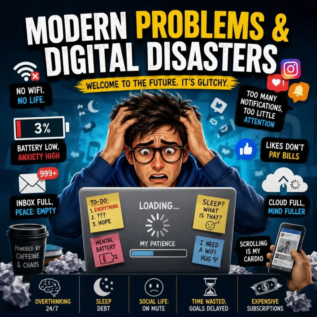 Modern Problems & Digital Disasters illustration showing digital overload, social media stress, low battery, notifications, and tech chaos