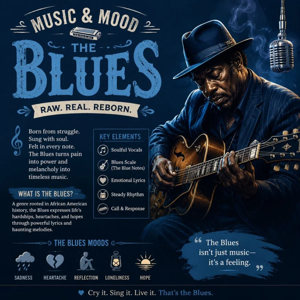 Blues music infographic featuring a soulful guitarist, vintage microphone, and key elements of the blues genre