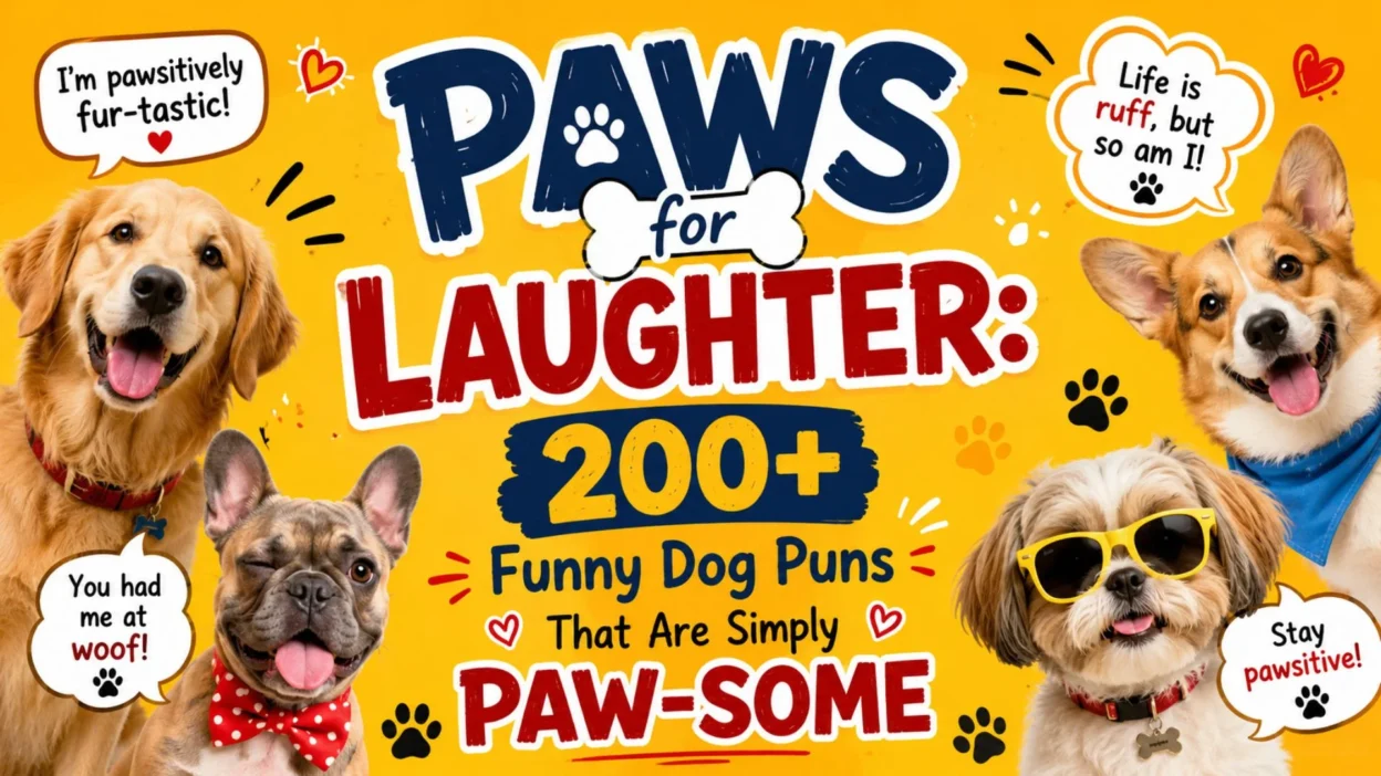 Happy dogs with playful speech bubbles promoting 200+ funny dog puns in a colorful paw-some banner for dog lovers