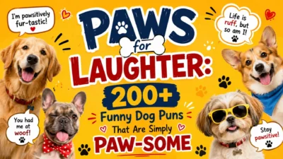 Happy dogs with playful speech bubbles promoting 200+ funny dog puns in a colorful paw-some banner for dog lovers