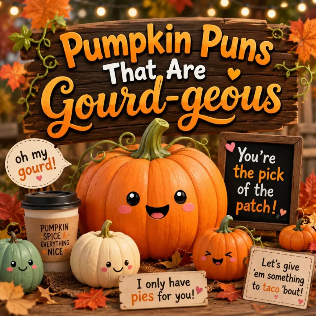 Cute autumn illustration with smiling pumpkins, cozy fall leaves, and funny pumpkin puns in a warm harvest scene.