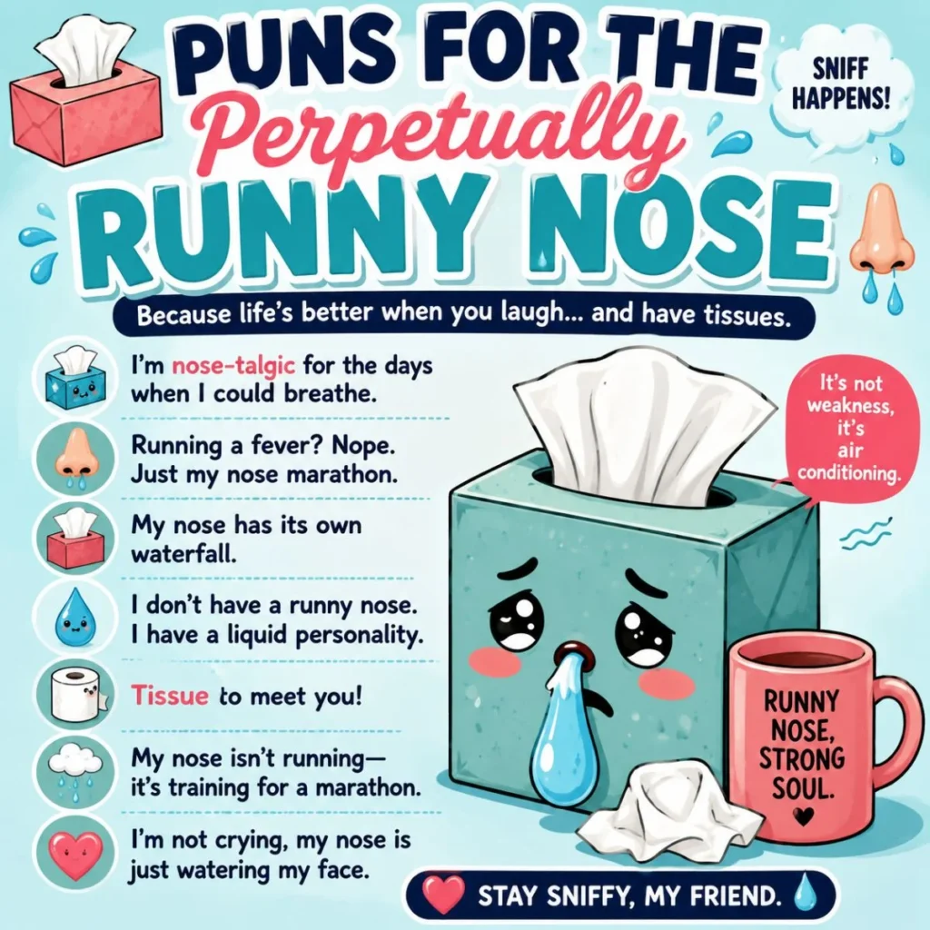 Cute infographic with funny runny nose puns, a cartoon tissue box, dripping nose illustration, and playful cold humor.