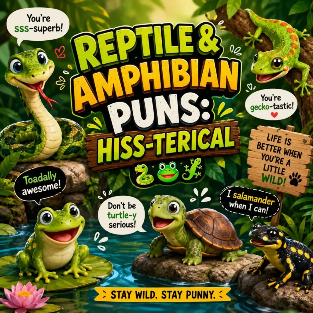 Cute cartoon snake, frog, gecko, turtle, and salamander with funny reptile and amphibian puns in a colorful jungle scene.