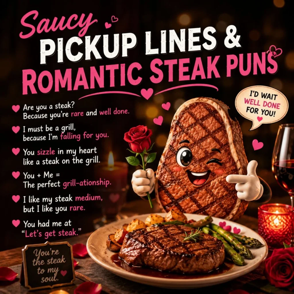 Cute cartoon steak holding a rose with romantic steak puns and saucy pickup lines in a cosy candlelit dinner scene.