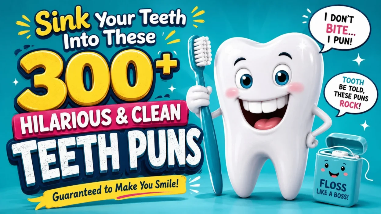 Cute cartoon tooth holding a toothbrush with colorful text promoting 300+ hilarious and clean teeth puns for all ages.