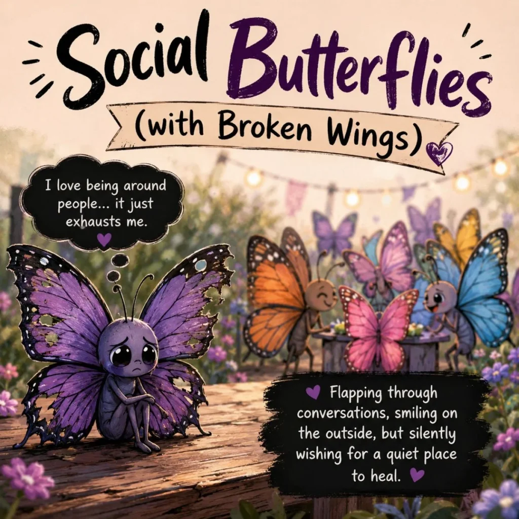 Social butterflies with broken wings illustration showing an exhausted butterfly beside cheerful butterflies, symbolizing social burnout