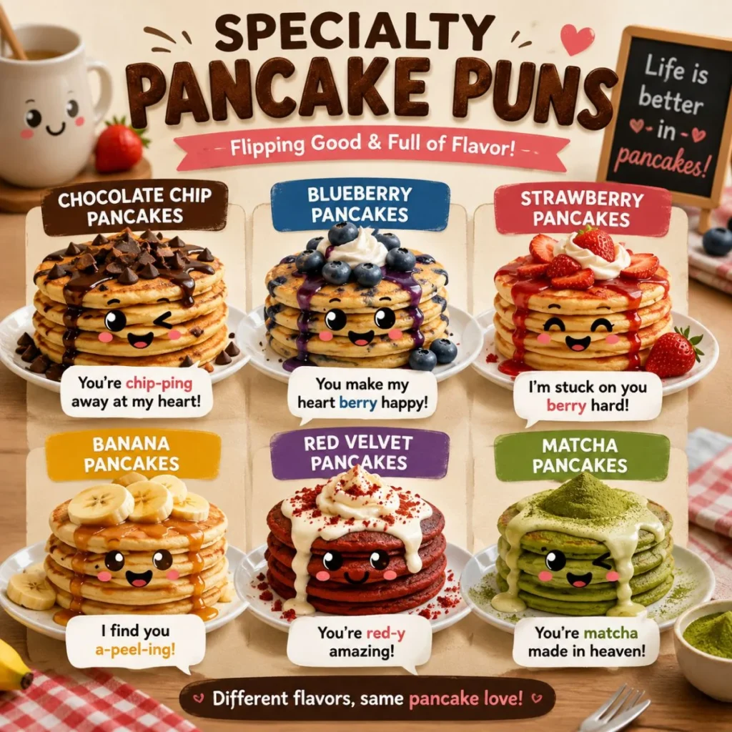 Cute specialty pancake puns featuring chocolate chip, blueberry, strawberry, banana, red velvet, and matcha pancake stacks.