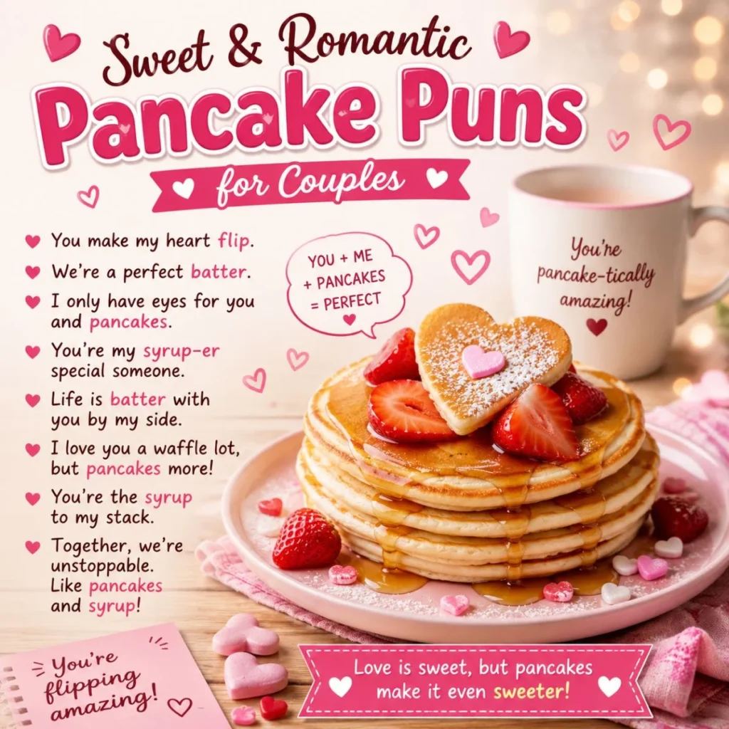 Sweet and romantic pancake puns with heart-shaped pancakes, strawberries, syrup, and cozy couple-themed breakfast scene.